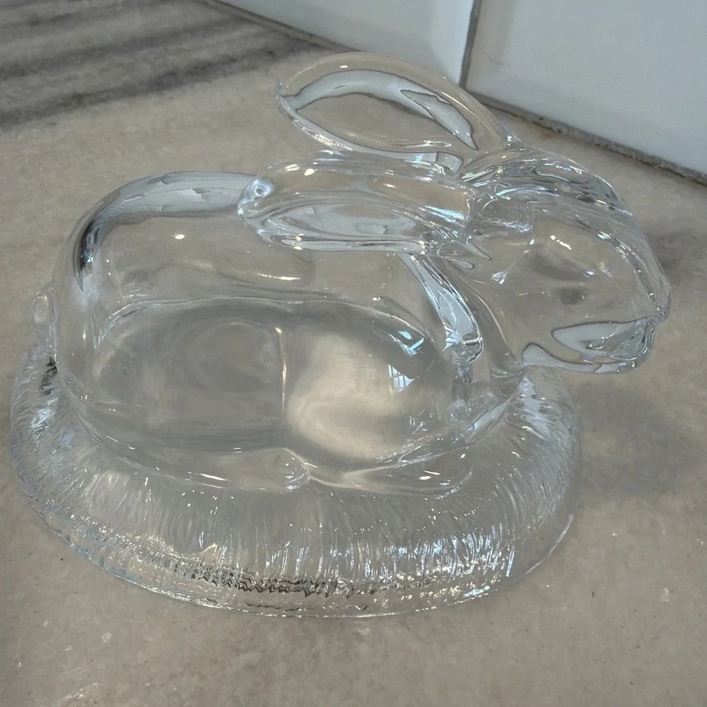 Vtg William Sonoma Bunny on Nest Rabbit Clear Glass‎ Covered Candy Dish